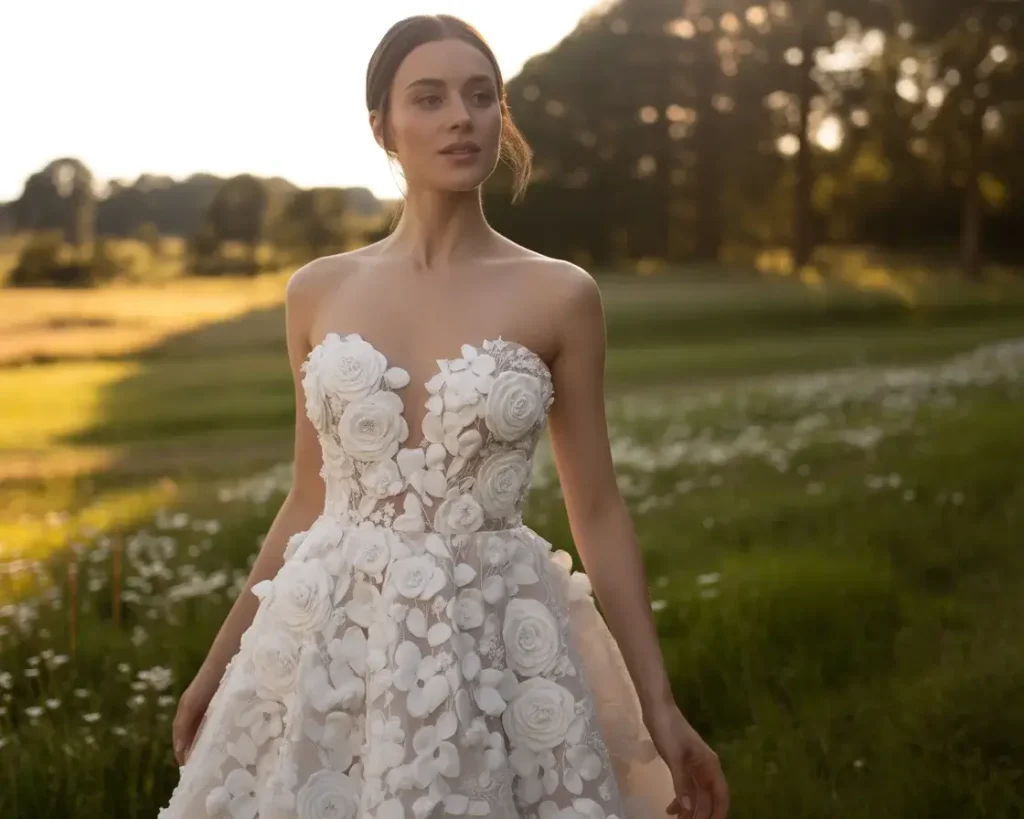 3d floral applique strapless wedding dress.