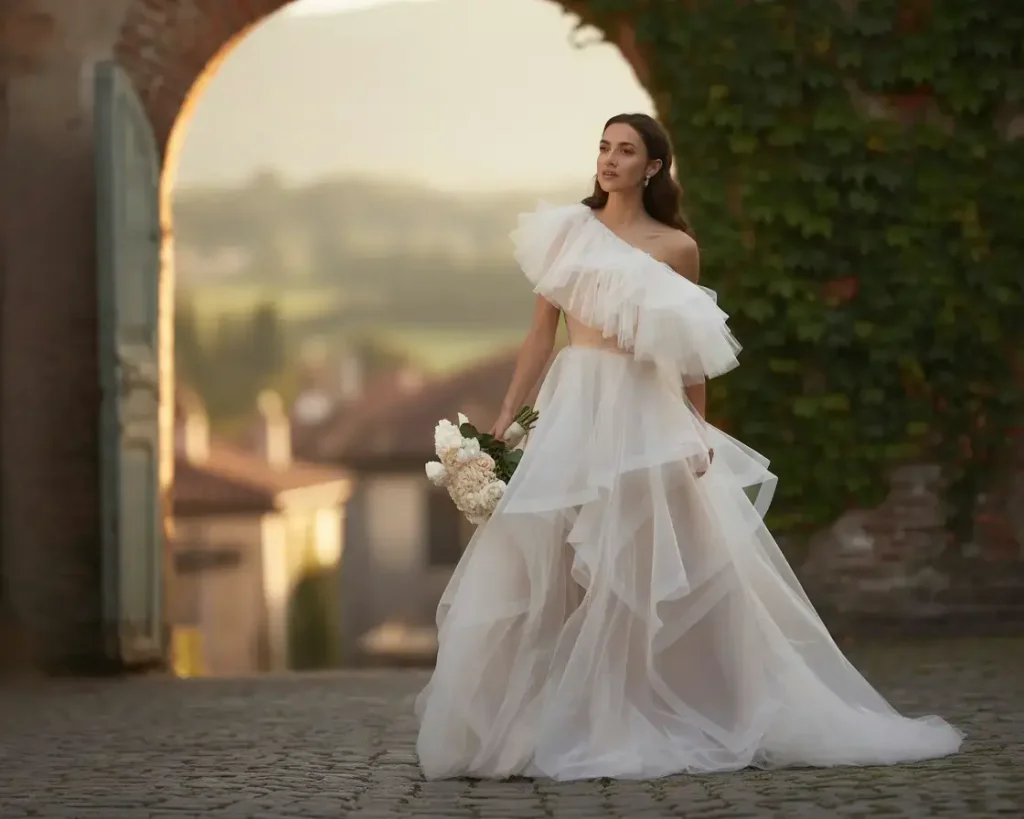 Asymmetrical Ruffle Tulle Gown