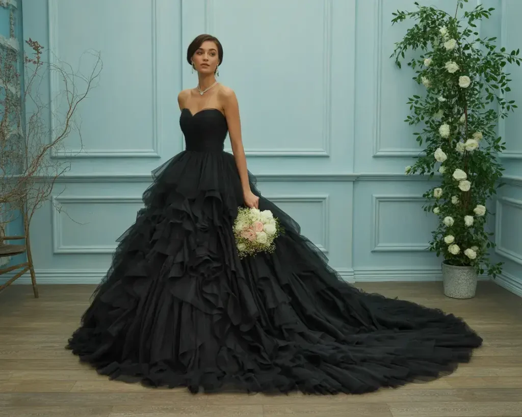 Black Organza Ruffled Gown