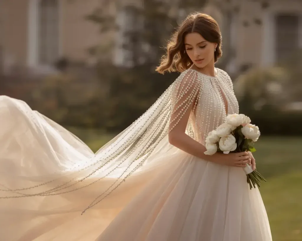 Cape Sleeve Tulle Ball Gown