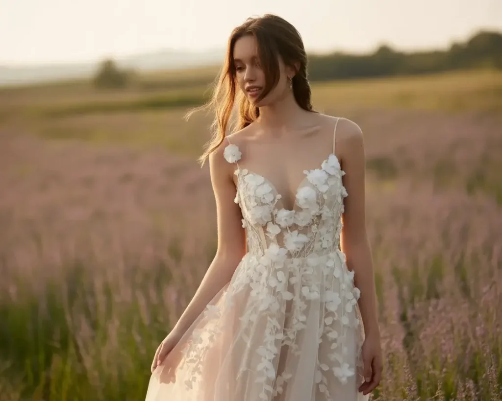 Top 19 Naked Wedding Dresses That Are Trending Right Now 14 Flower Appliqué Sheer Overlay