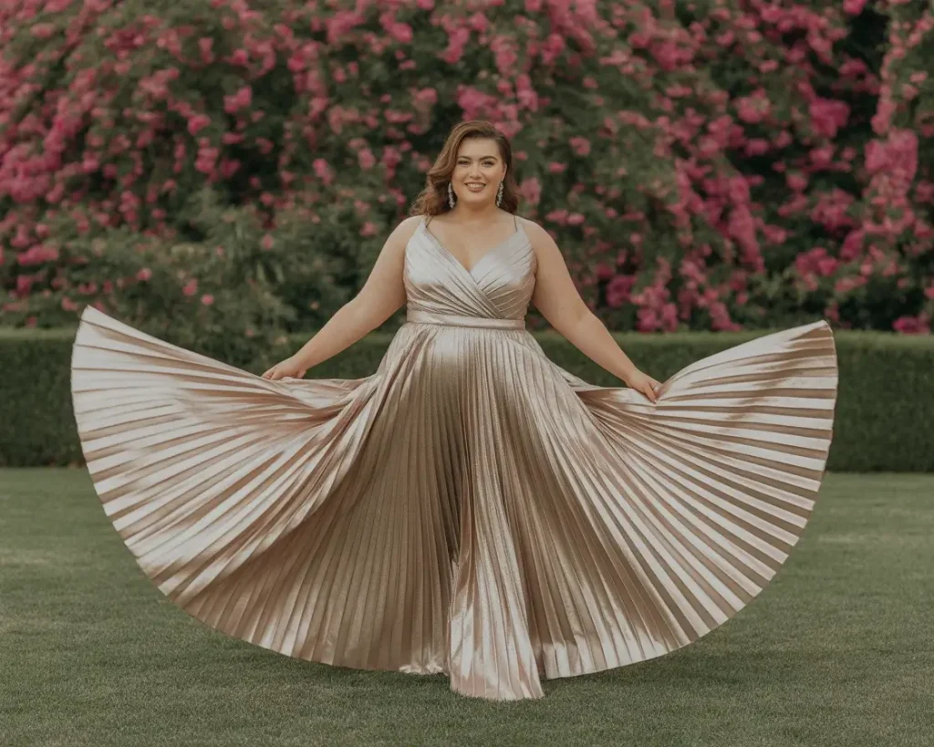 Metallic Pleated Evening Gown 