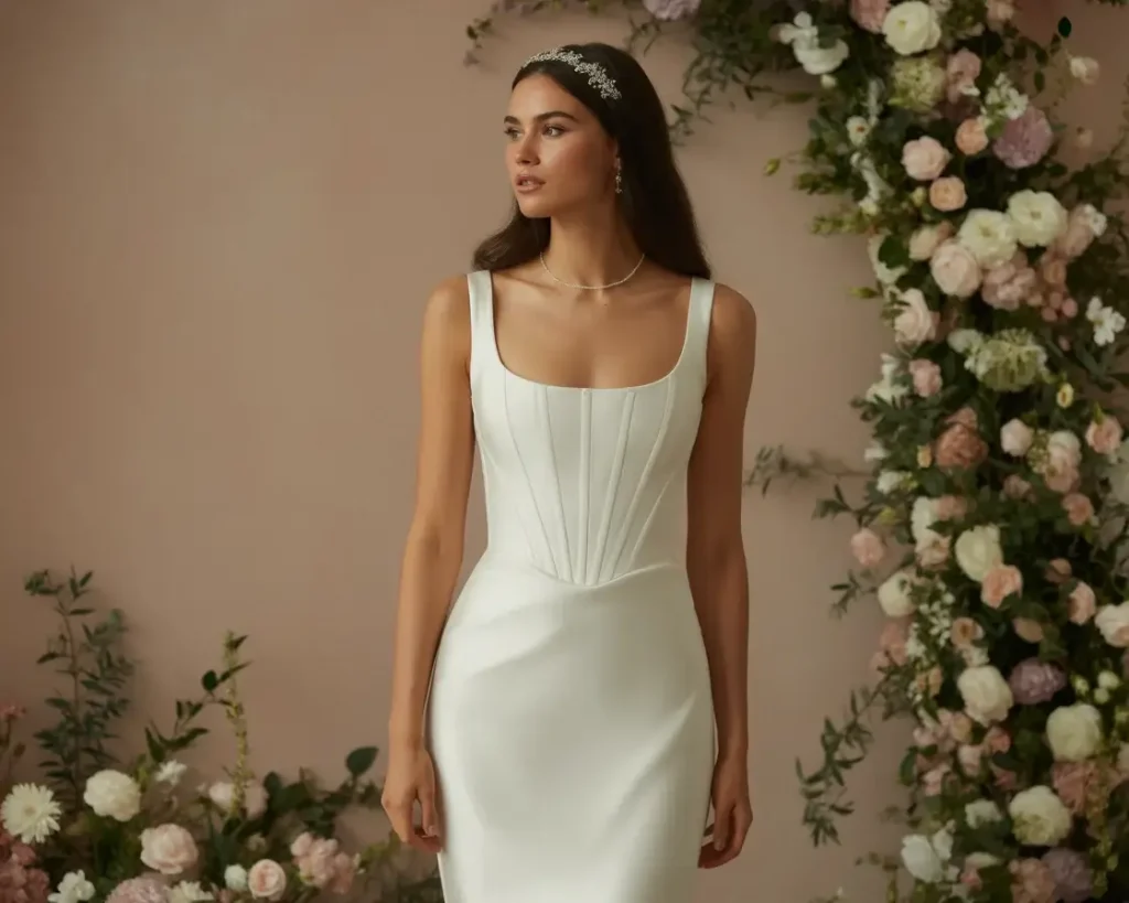 19 Corset Wedding Dresses Trending Right Now 6 Modern Minimalist Corset Sheath wedding dress