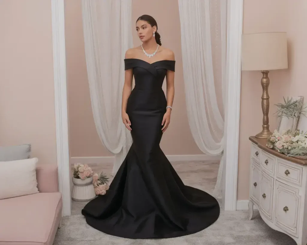 Off the Shoulder Black Satin Mermaid