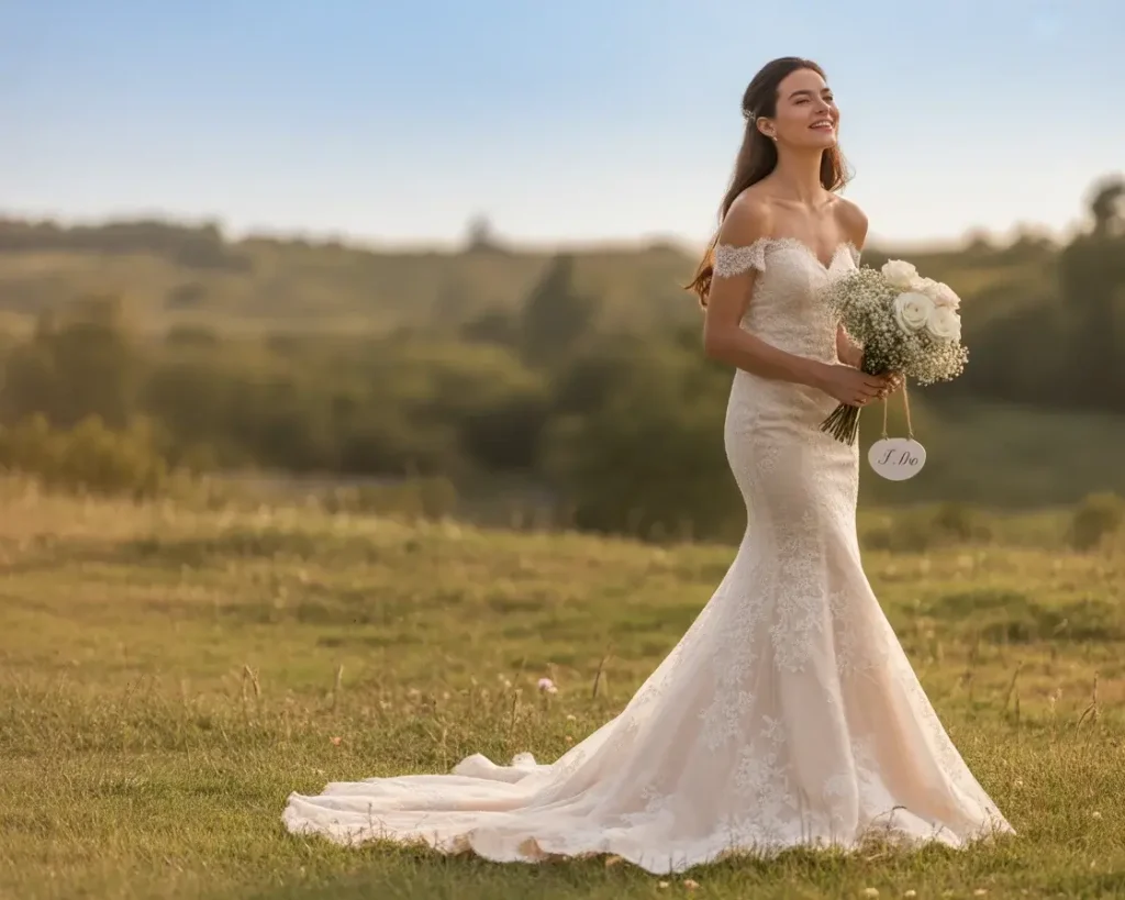 15 Elegant Wedding Dresses Brides Are Pinning Now 2 Off-the-Shoulder Lace Mermaid Gown