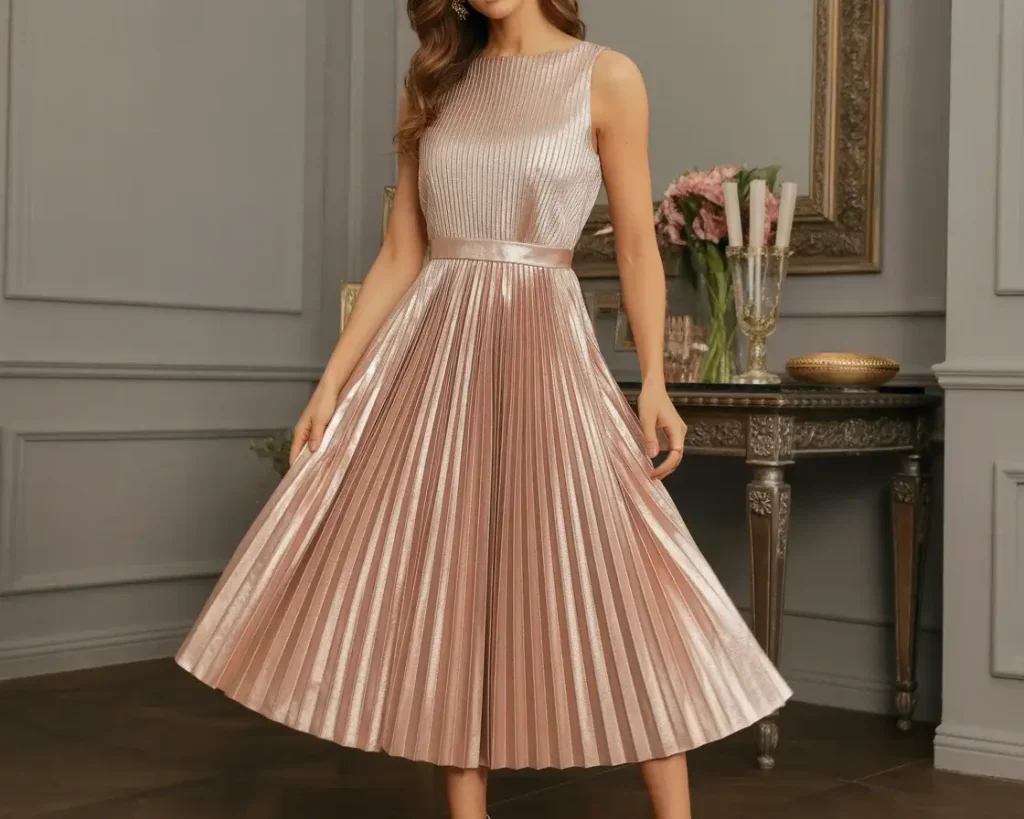 Pleated Rose Gold Midi Dress