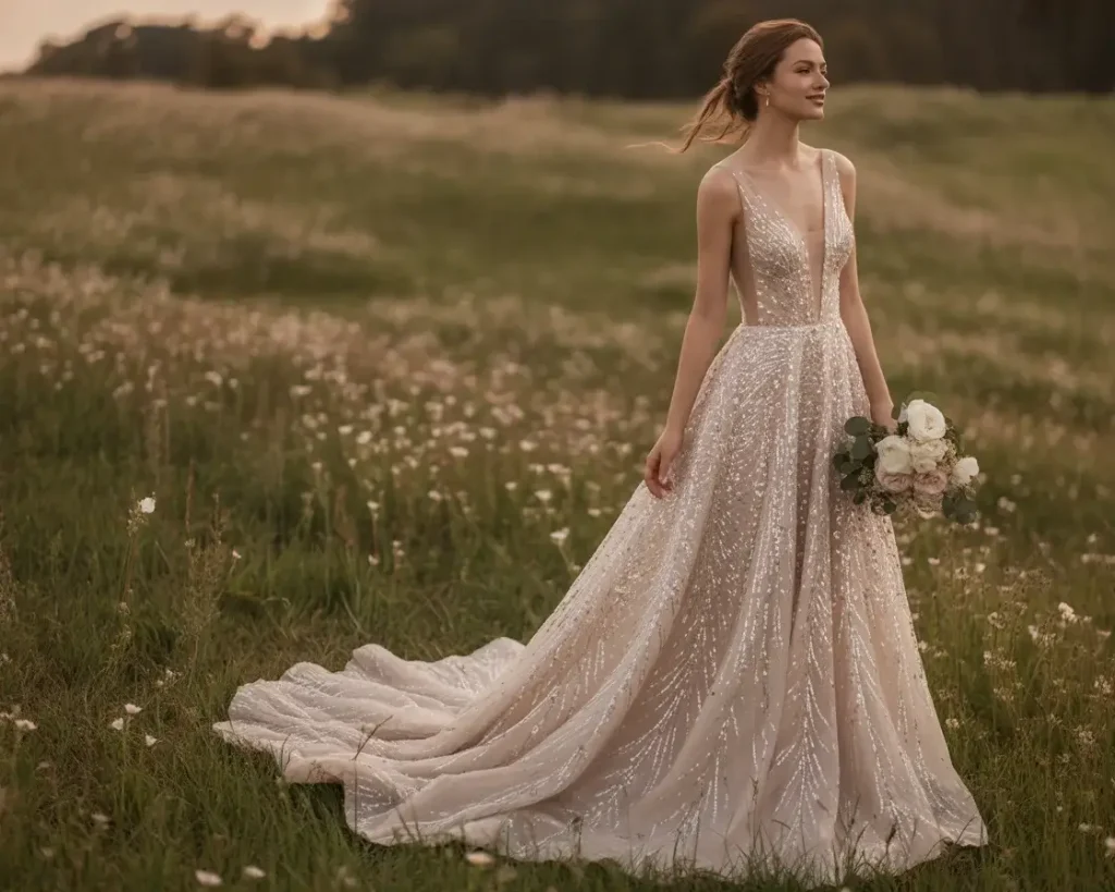  Plunging Neckline Sequin Gown