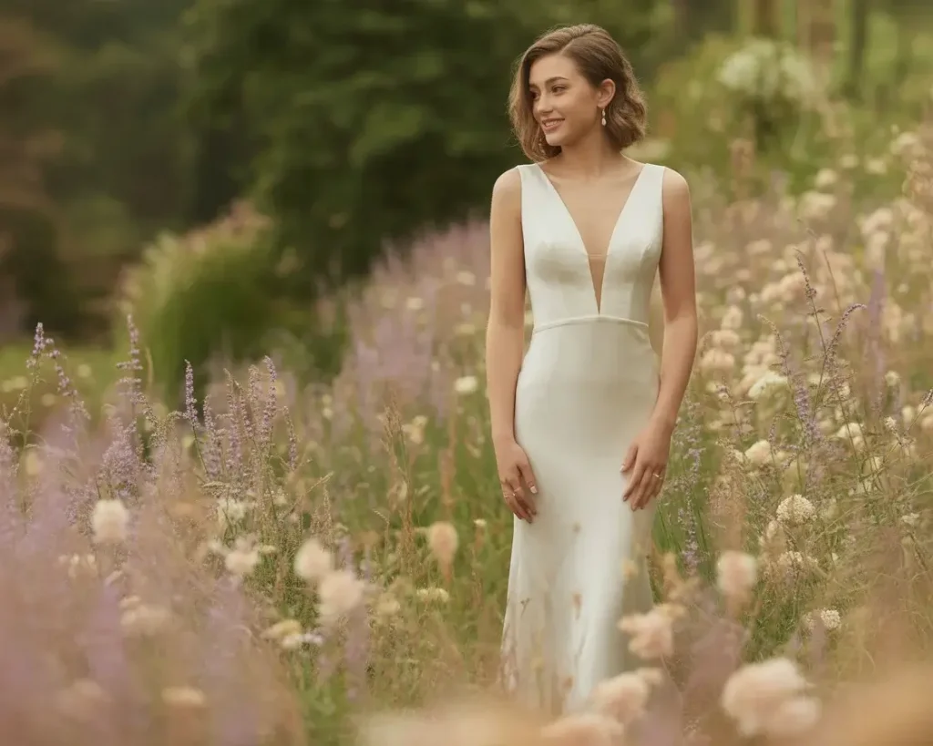 15 Elegant Wedding Dresses Brides Are Pinning Now 8 Plunging V-Neck Sheath Dress