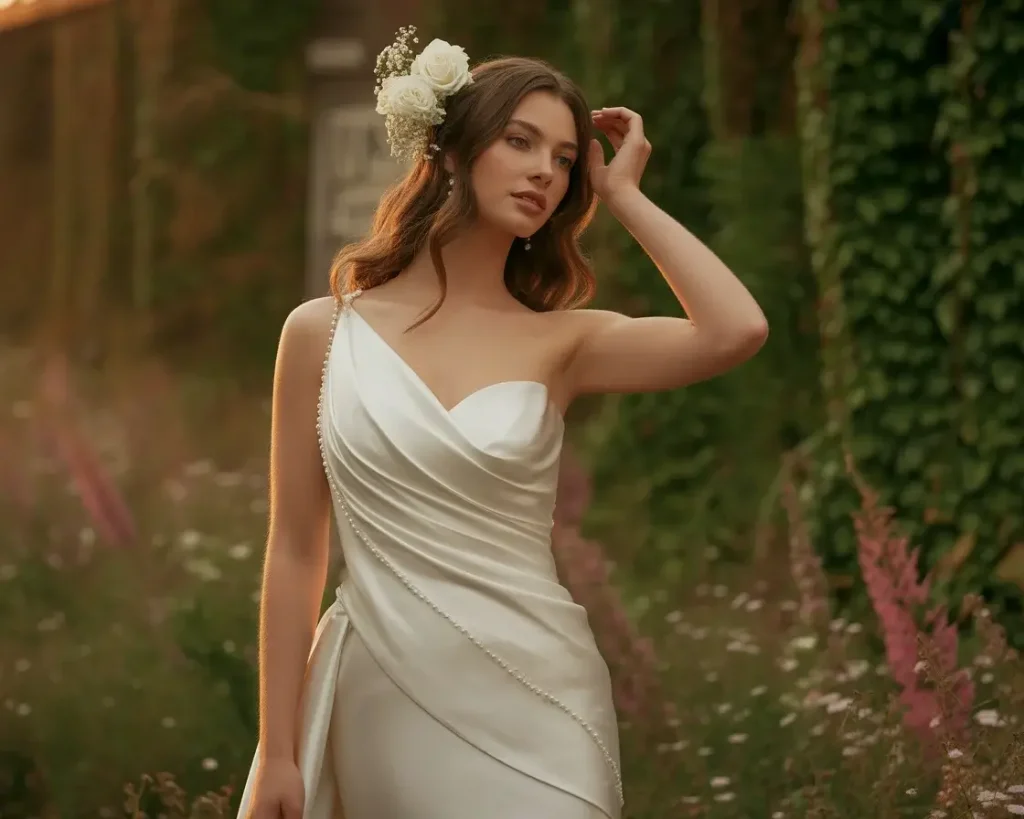  asymmetrical draped strapless wedding dress