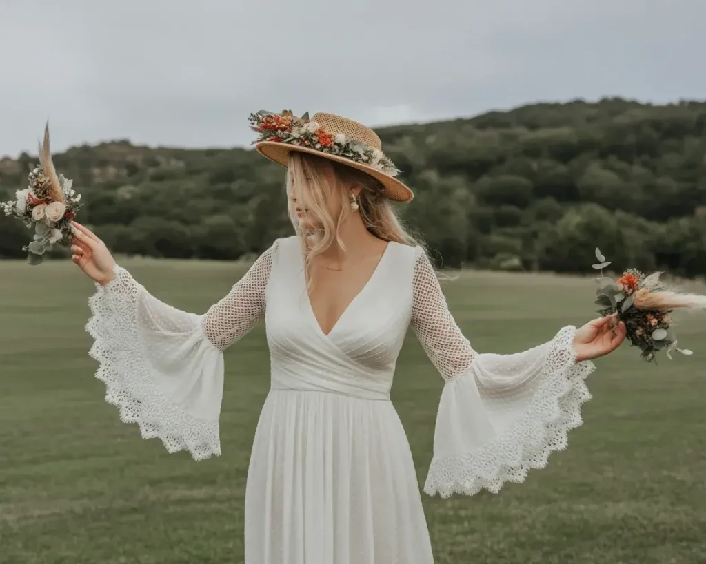 boho-bell-sleeve-wedding-dress on wedding