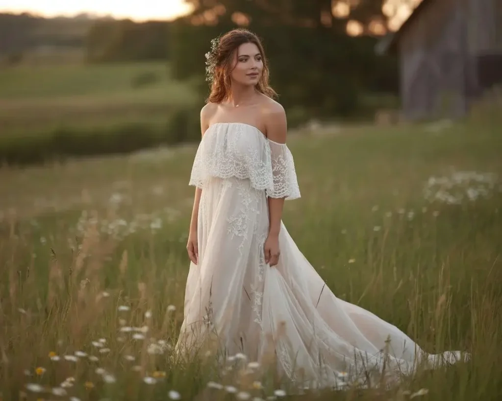 A bride wearing   boho lace overlay strapless wedding dress on wedding 