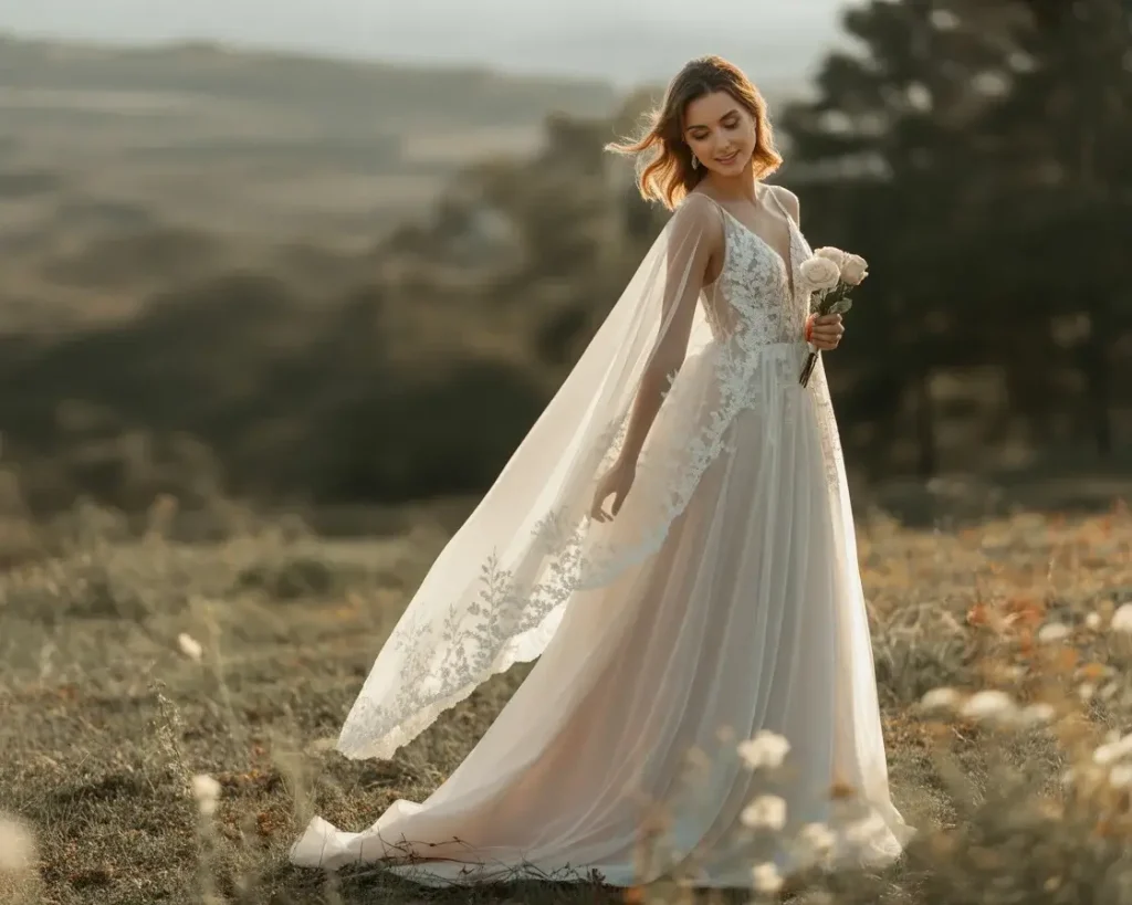 Top 19 Naked Wedding Dresses That Are Trending Right Now 16 sheer cape overlay wedding gown