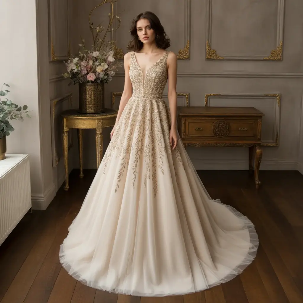 19 White and Gold Wedding Dresses That Are Stunning 4 A-line wedding dress with gold embroidered bodice and flowing tulle skirt