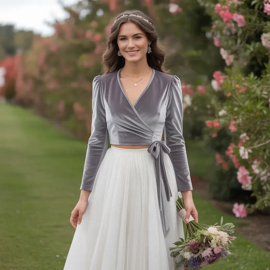 Antique Silver Velvet Wrap Top with Skirt
