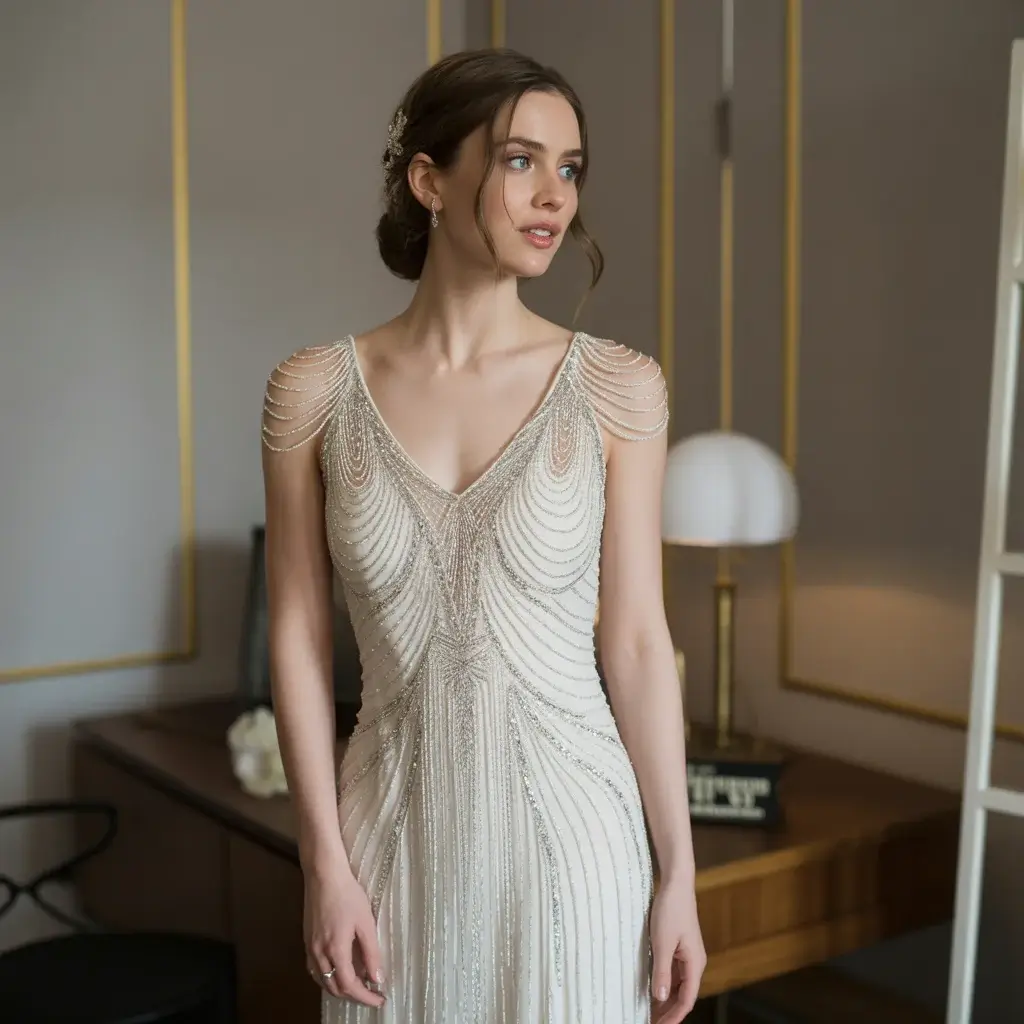 15 Sleeveless Bridal Dresses Trending on Pinterest 7 Art Deco Beaded Sheath Wedding Dress