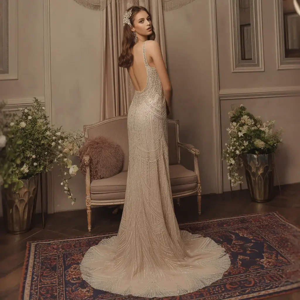 Top 13 Vintage Lace Wedding Dresses That Are Stealing Hearts This Season 2 Art Deco beaded lace wedding dress with geometric patterns and dropped waistline