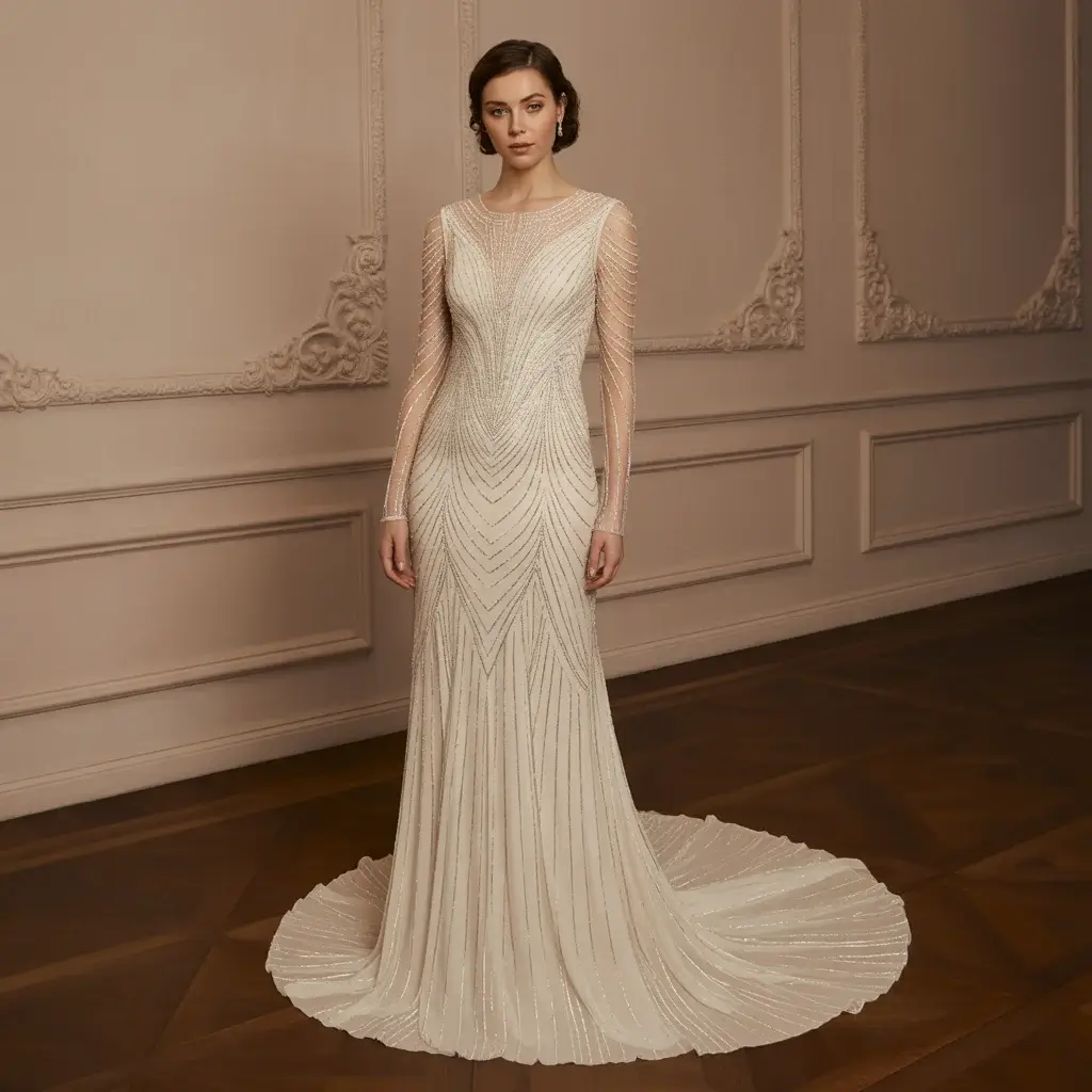Art deco inspired wedding dress with geometric beadwork and figure-hugging silhouette