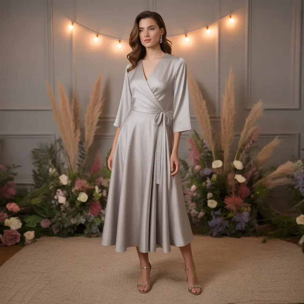 Top 15 Grey Bridal Dresses That Are Breaking Traditional Wedding Rules 10 Ash grey wrap-style midi dress with versatile adjustable fit