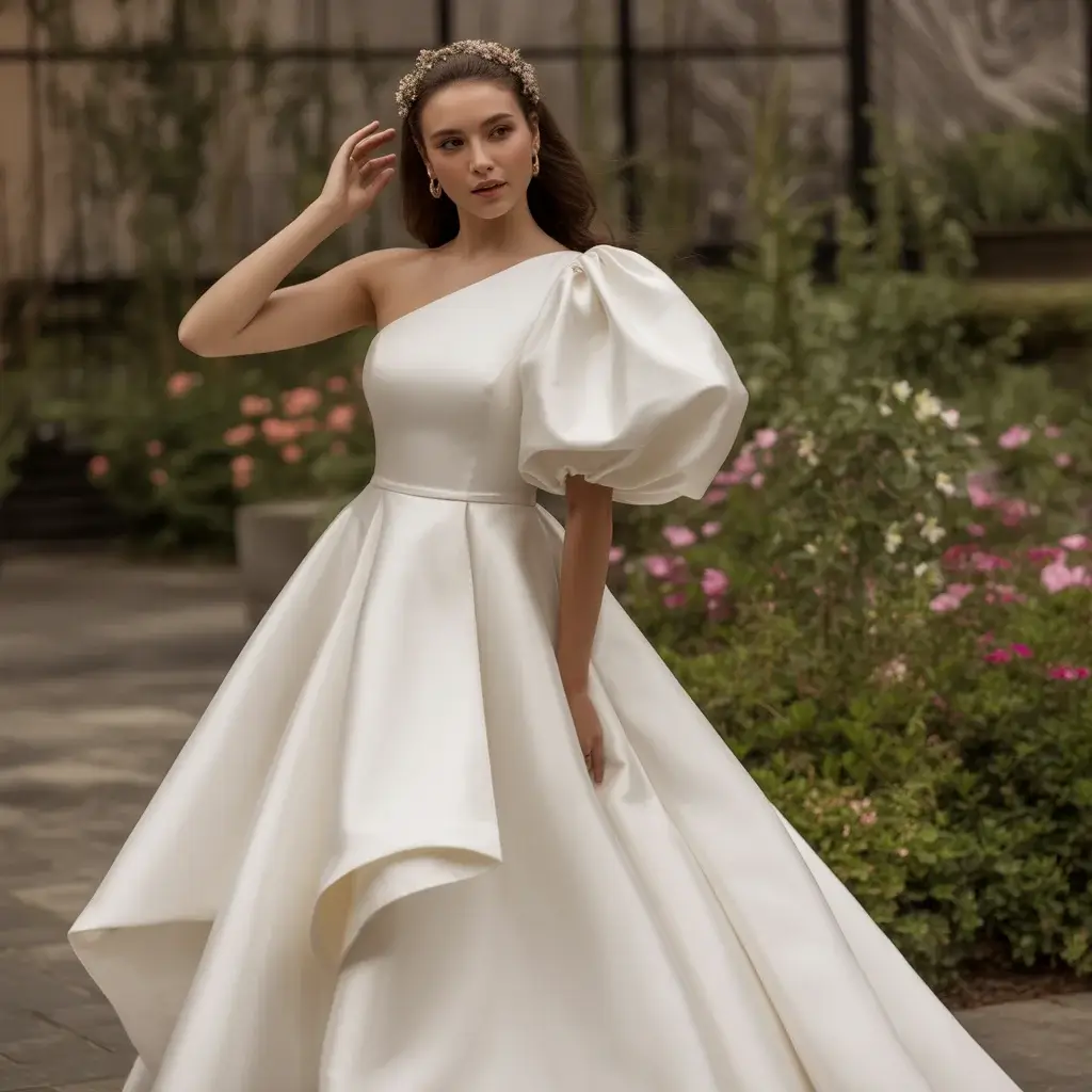 17 Wedding Dresses with Poofy Sleeves Brides Love 15 Asymmetrical One-Shoulder Puff Sleeve