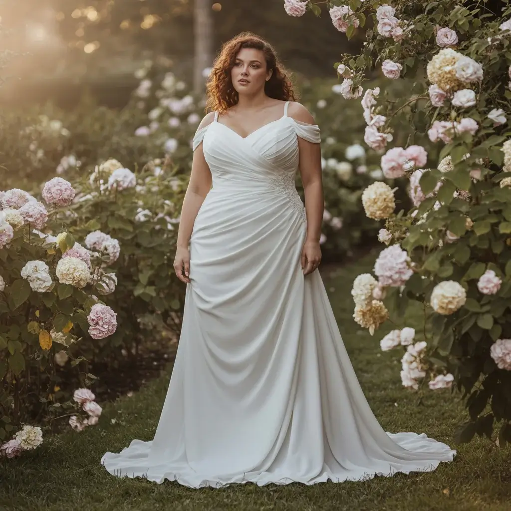 Top 13 Plus Size Wedding Dresses to Hide Stomach That Brides Are Pinning Right Now 11 Asymmetrical Ruched Goddess Gown