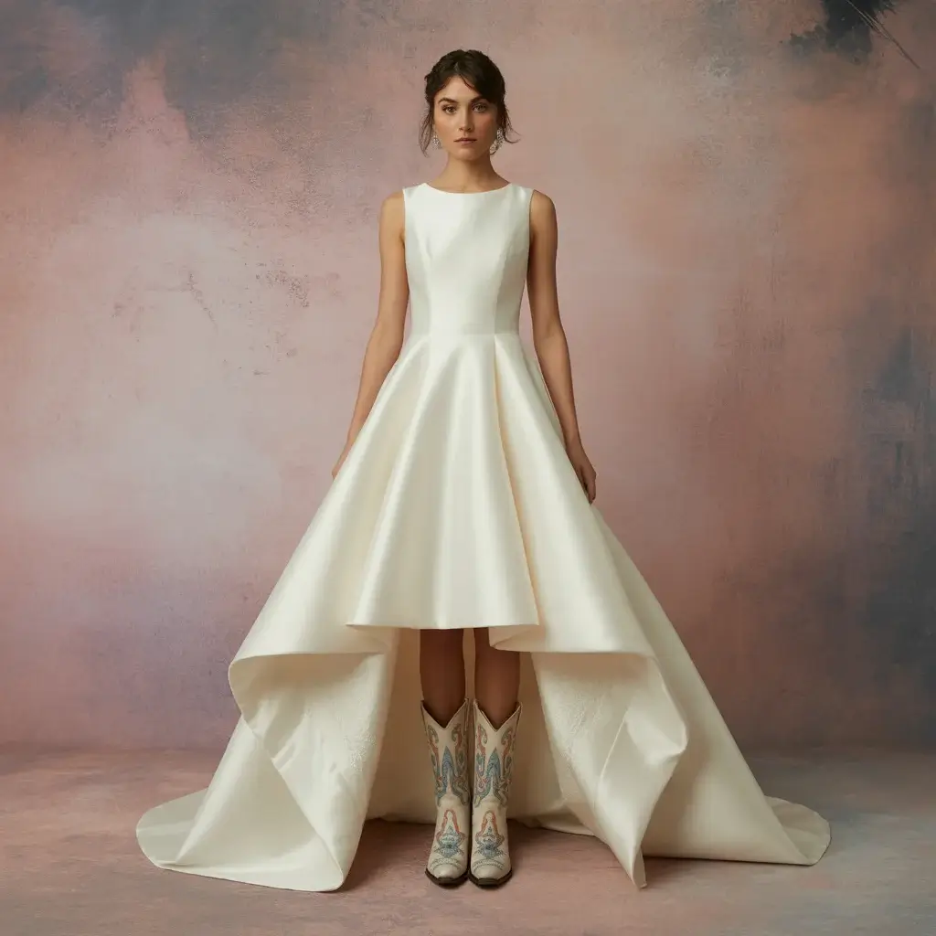 Asymmetrical hem wedding dress with modern cut and hand-painted artistic cowboy boots