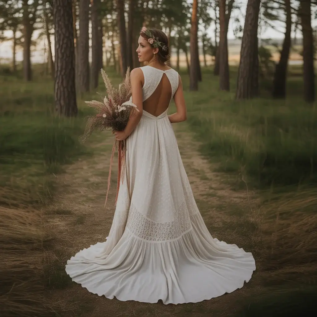 Backless Bohemian Forest Wedding Dress With Open Back Design And Free Spirited Flowing Details