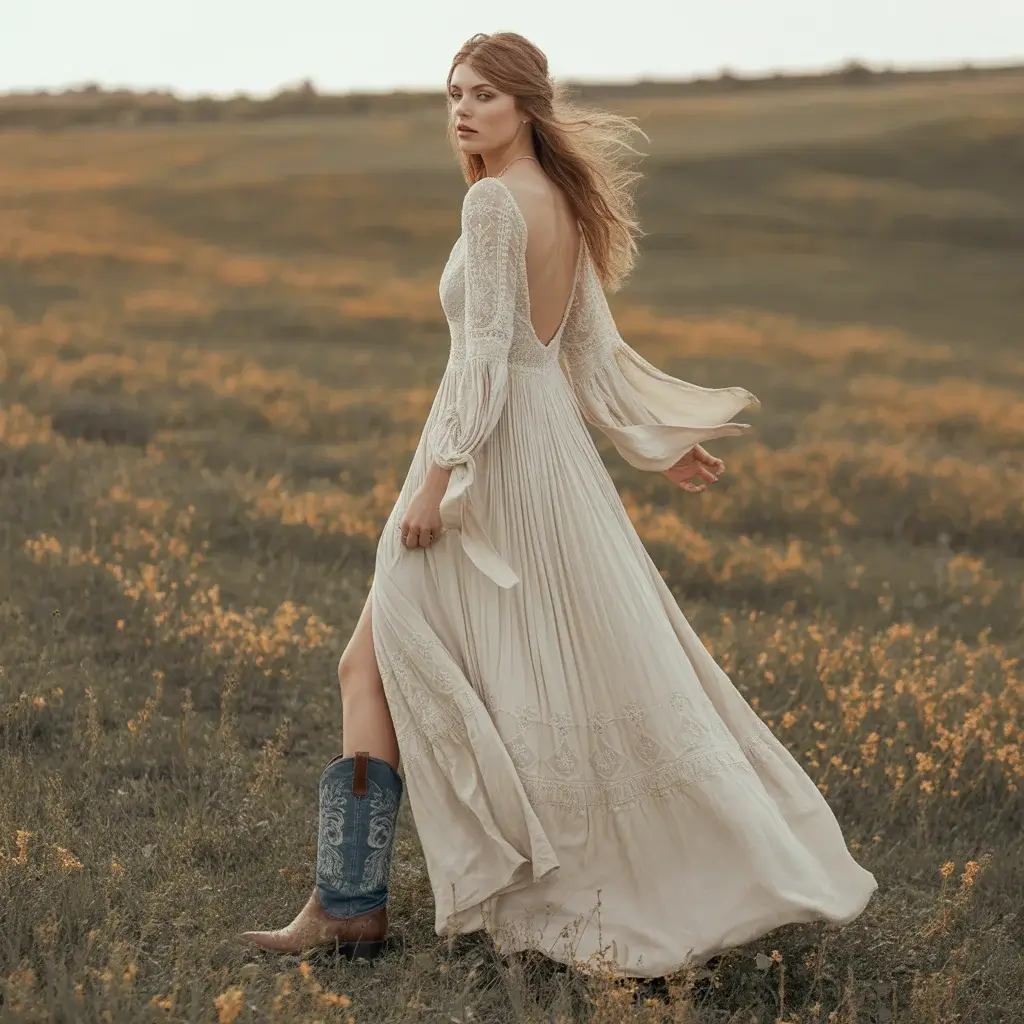 Backless bohemian wedding dress with flowing fabric paired with distressed denim cowboy boots