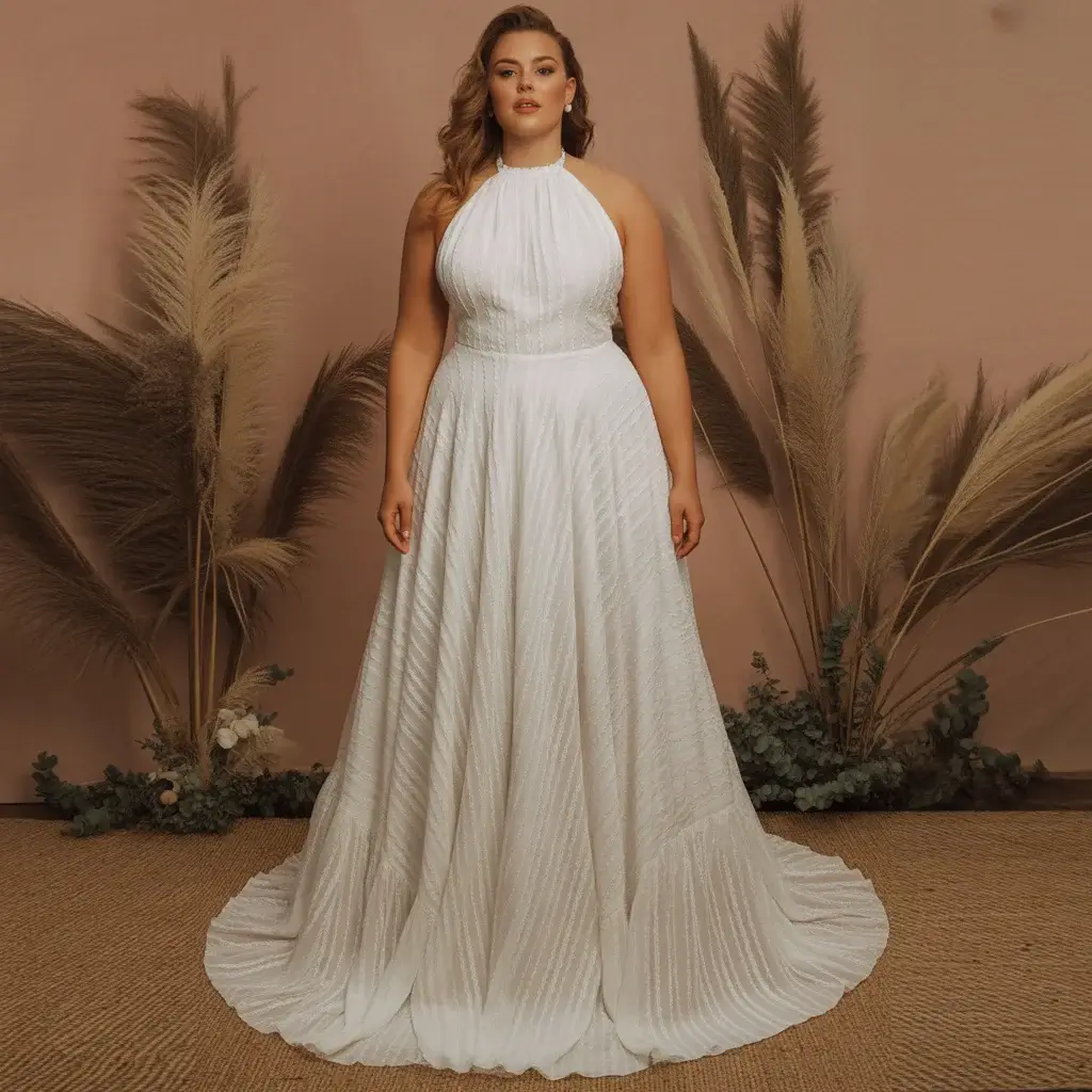 Backless halter neck plus size bohemian wedding dress with dramatic contemporary styling
