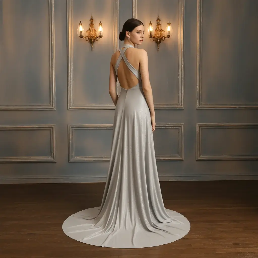 Backless halter silver evening gown with liquid jersey fabric and dramatic back design