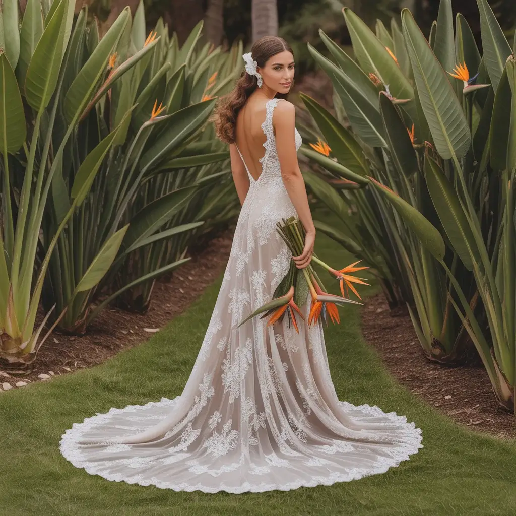 15 Hawaiian Wedding Dresses for a Tropical Paradise 9 Backless lace wedding gown with bird of paradise flower details