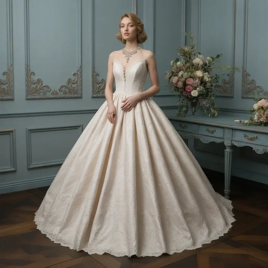 Ballgown wedding dress with chandelier crystal neckline detail and vintage glamour