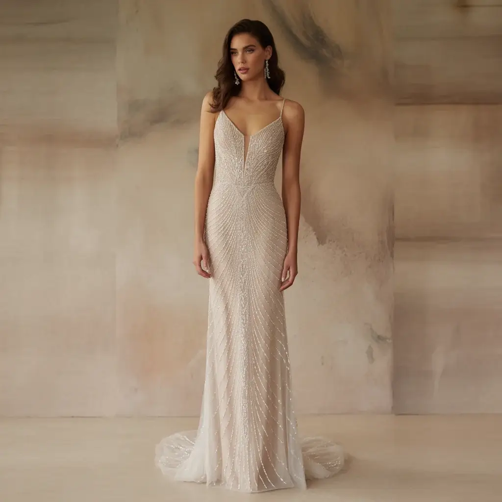 Beaded Cat Eye Column Wedding Gown With Intricate Embellishments And Streamlined Silhouette