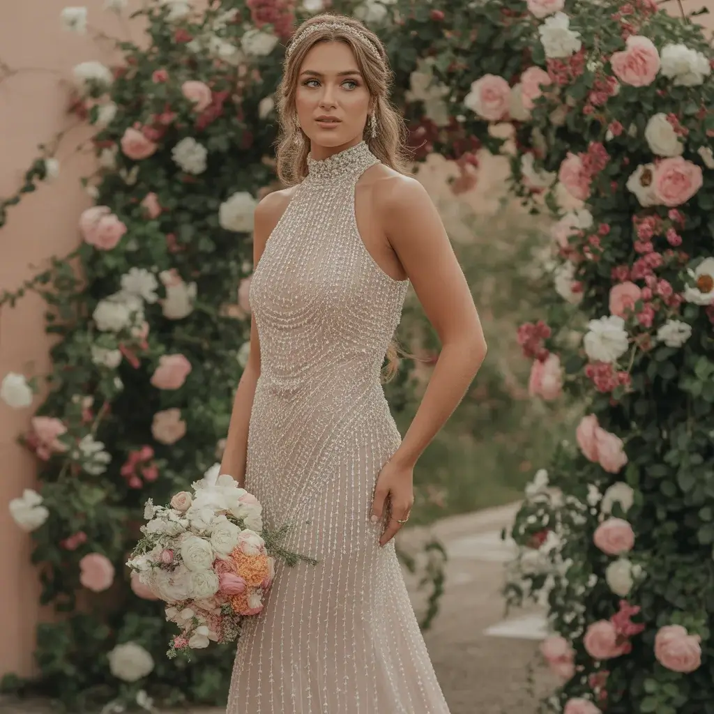 Beaded High-Neck Column Dress