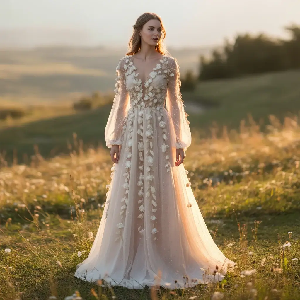 Beautiful long sleeve lace boho dress with dimensional floral appliques and nature-inspired details