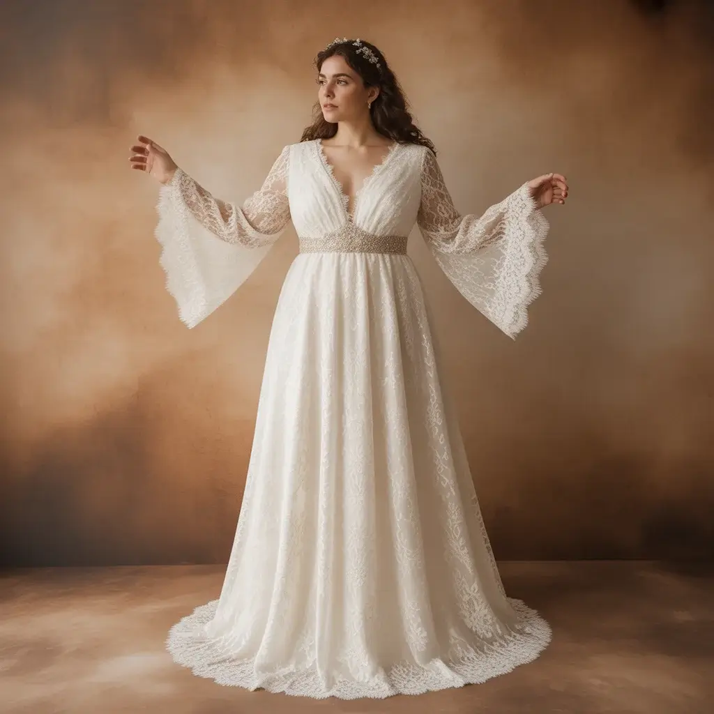 Bell sleeve vintage lace plus size maxi wedding gown