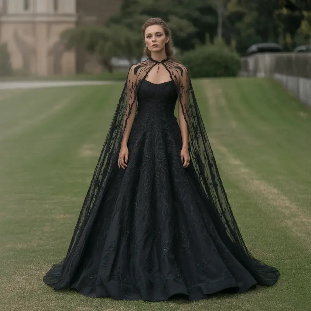 Black Dramatic Gothic Cape Wedding Gown