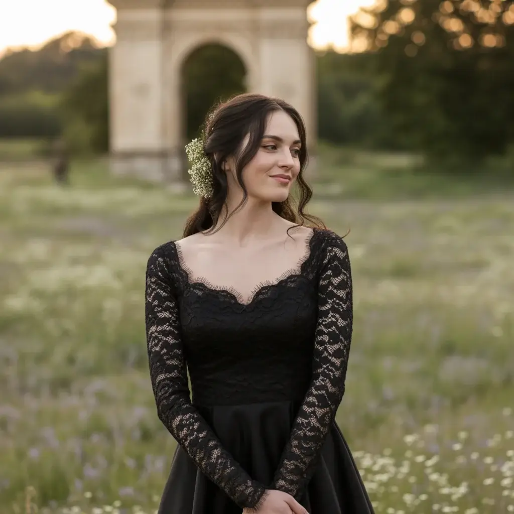 Black Satin A-Line with Dramatic Train