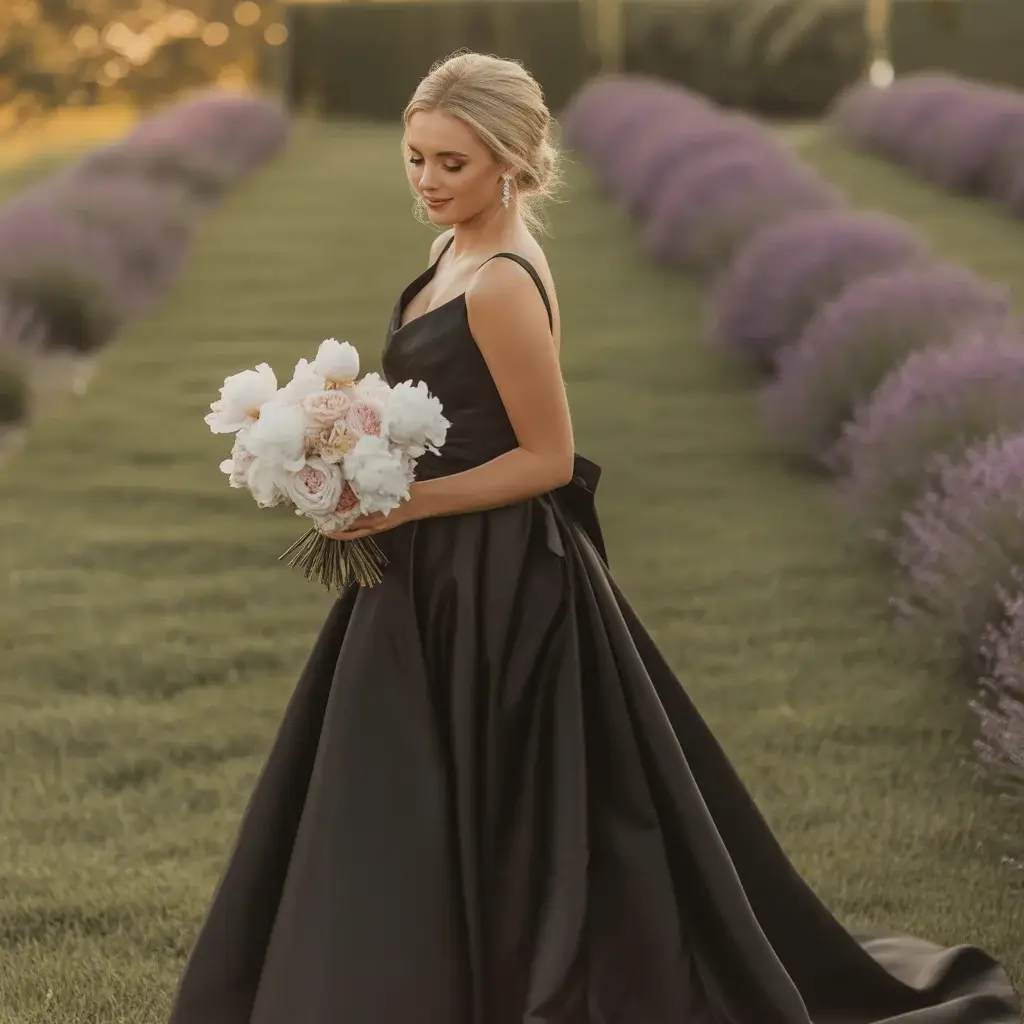 Black Satin A-Line with Dramatic Train
