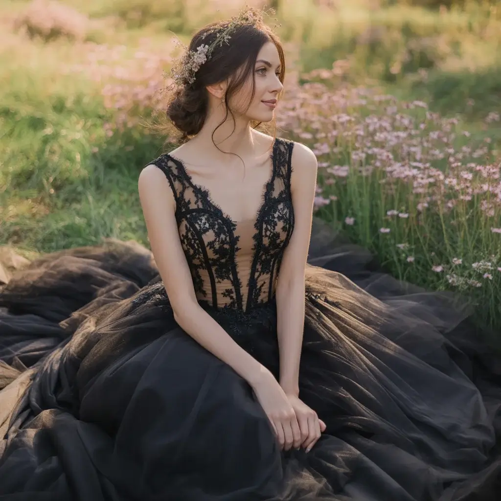 Black Sleeveless Black Tulle Princess Gown