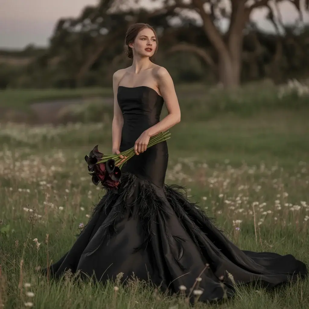 Black Strapless Gothic Mermaid with Feather Details