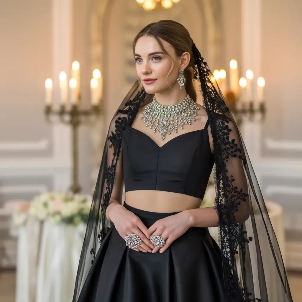 Black Two-Piece Gothic Crop Top and Skirt
