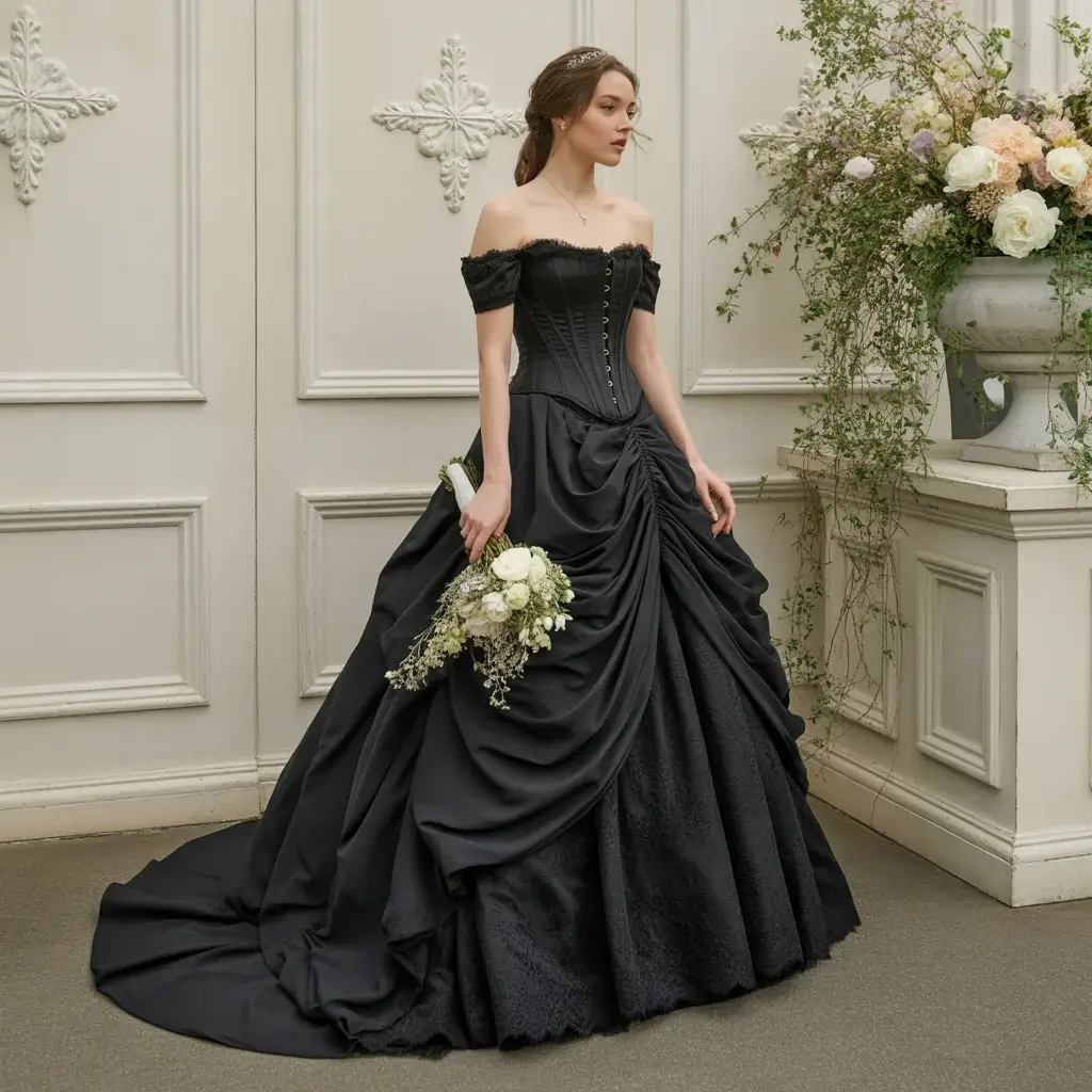 Black Victorian Corset Ball Gown with Chapel Train