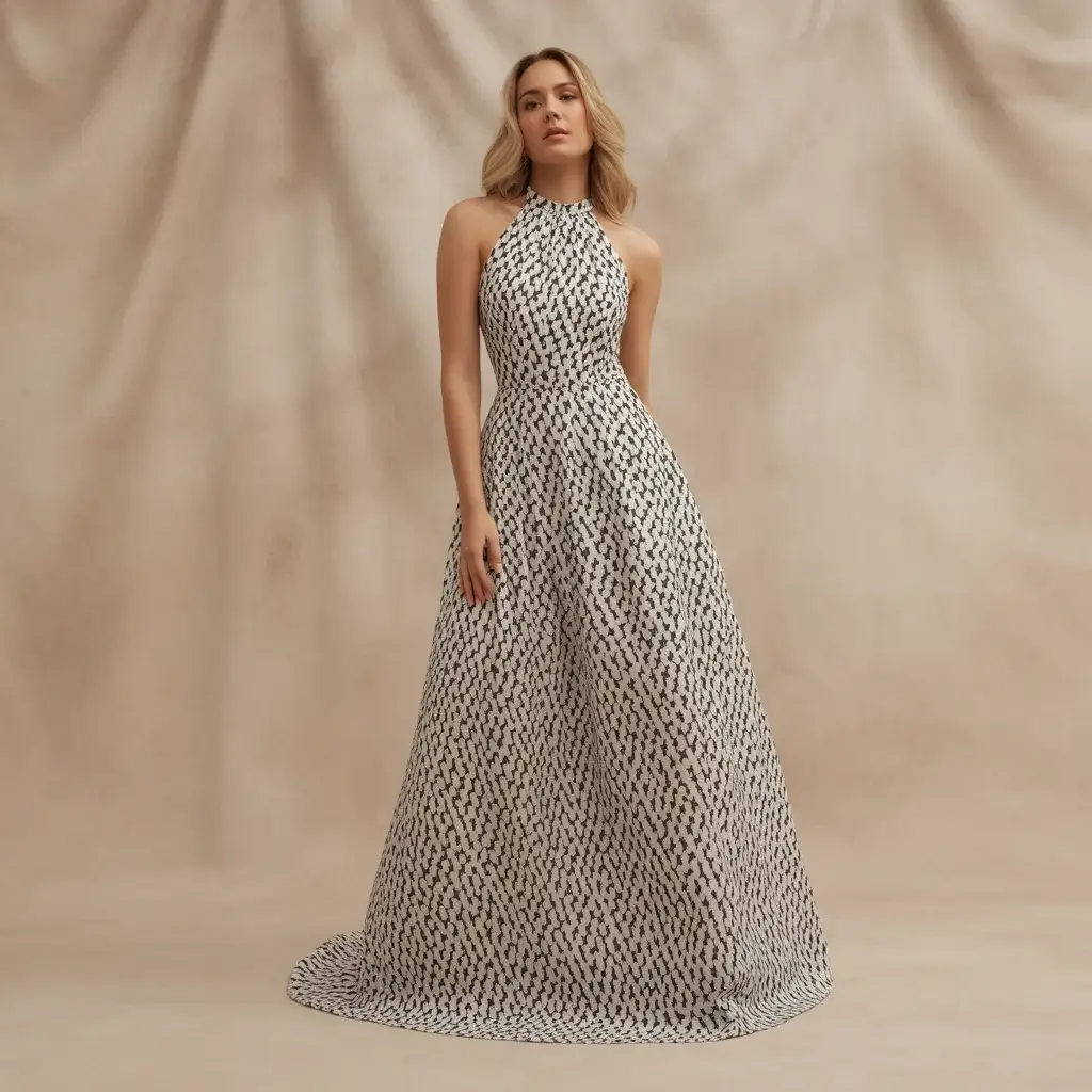 13 Halter Neck Dresses for Wedding Guests 14 Black and White Print Halter Fit-and-Flare