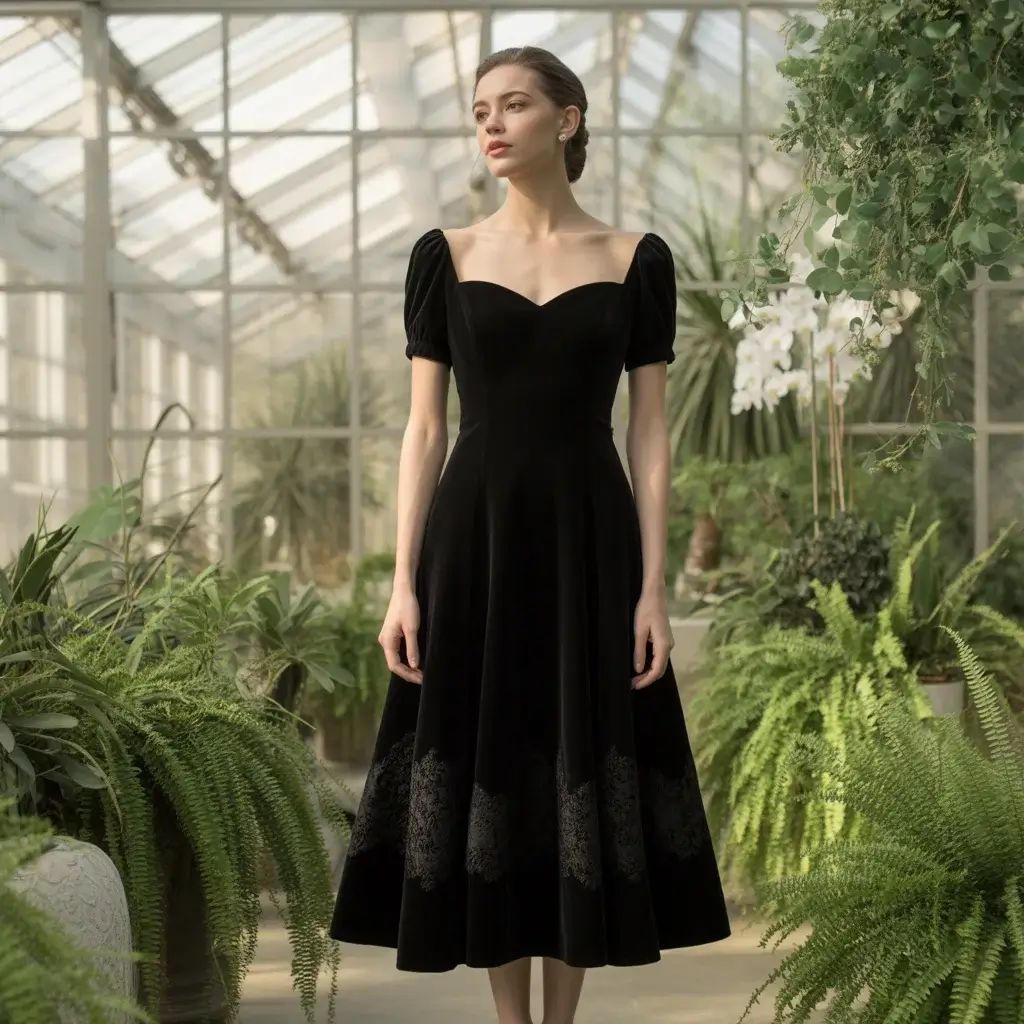 Black velvet fit and flare tea length dress with vintage inspired charm