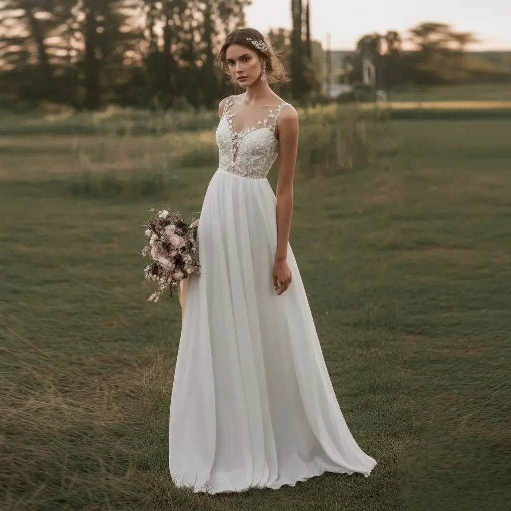 Bohemian Chiffon A Line with Floral Appliques