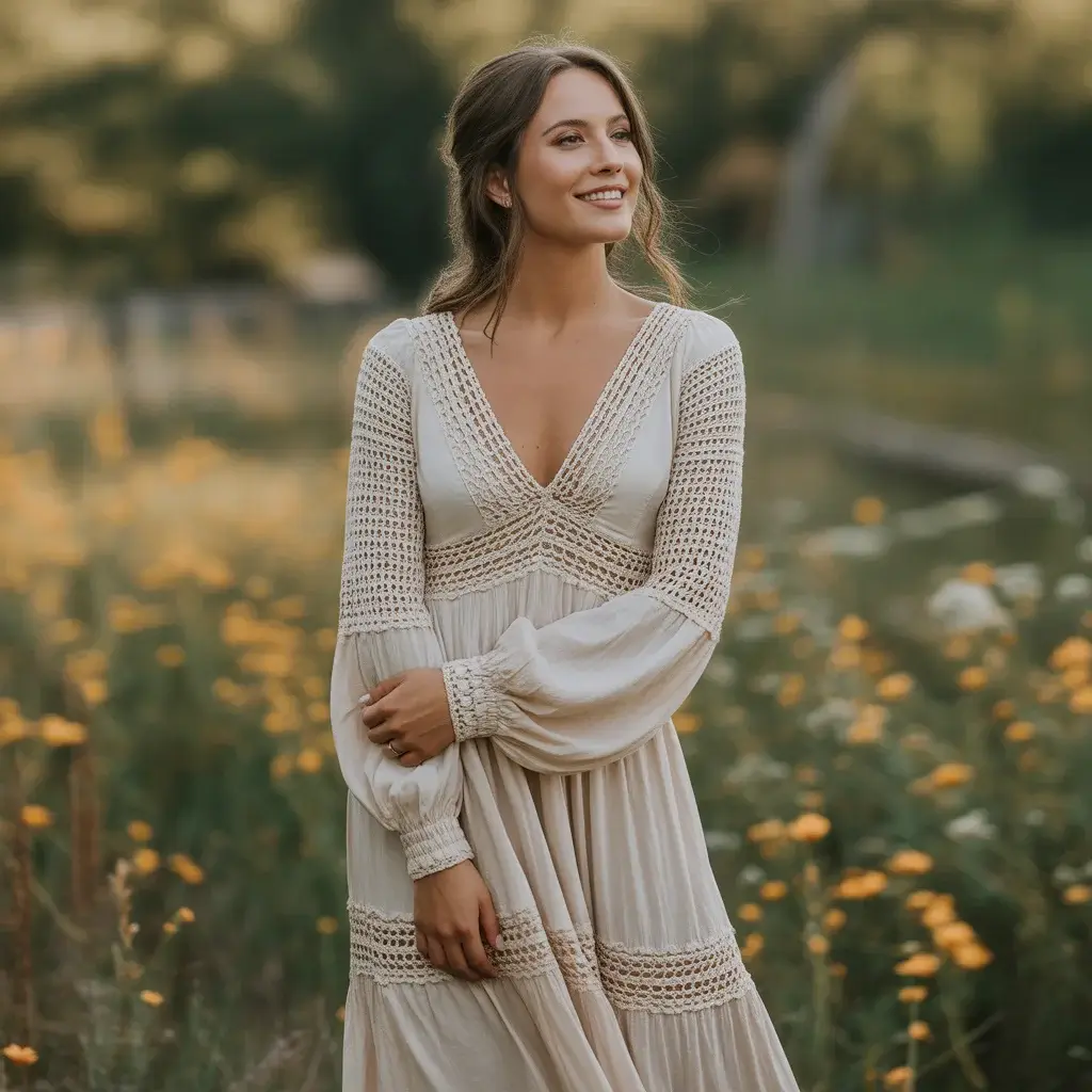 15 Long Sleeve V Neck Wedding Dresses Brides Are Pinning 3 Bohemian Crochet Long Sleeve V Neck Dress
