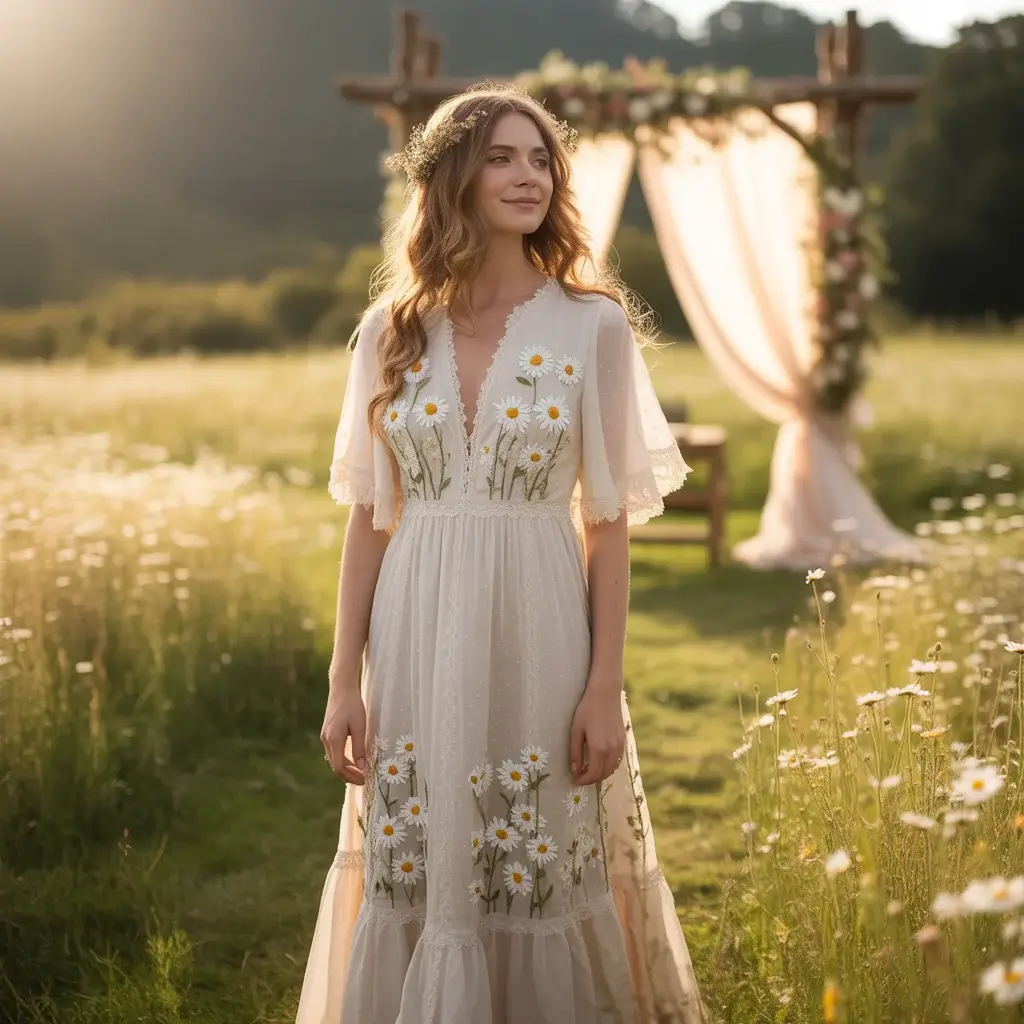 Bohemian Daisy Chain Embroidered Dress