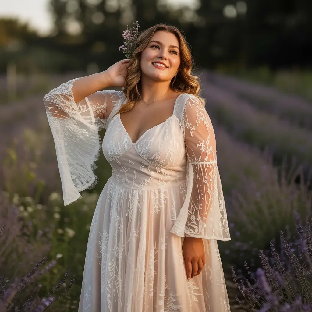 Top 13 Plus Size Wedding Dresses to Hide Stomach That Brides Are Pinning Right Now 5 Bohemian Lace with Bell Sleeves