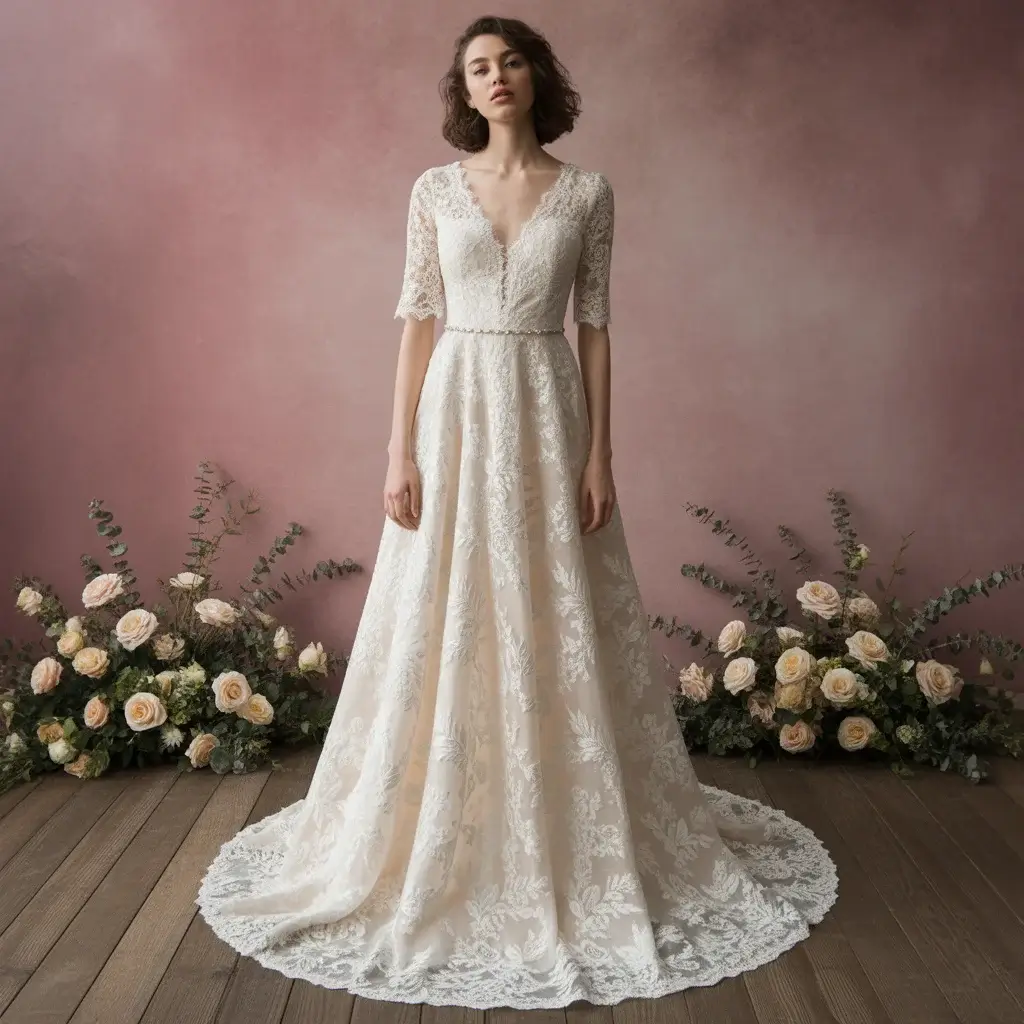Bohemian lace rose vine wedding dress