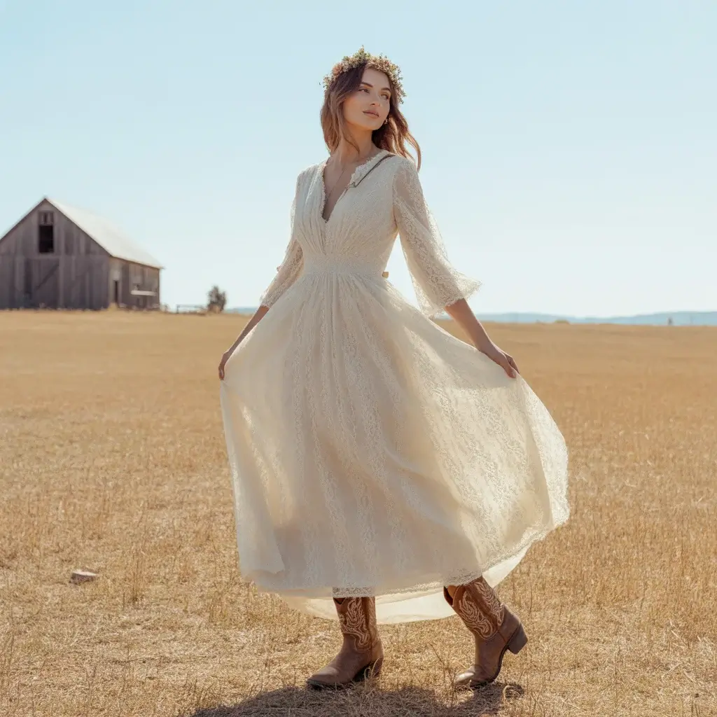Bohemian lace wedding dress with flowing sleeves paired with vintage brown cowboy boots